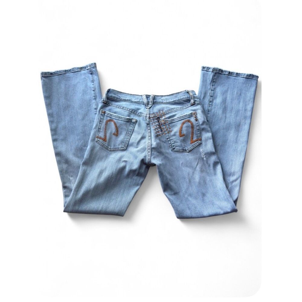 y2K Miss Me Low Rise Bootcut Flare Jeans Light Wash Distressed w/Sashiko sz 28